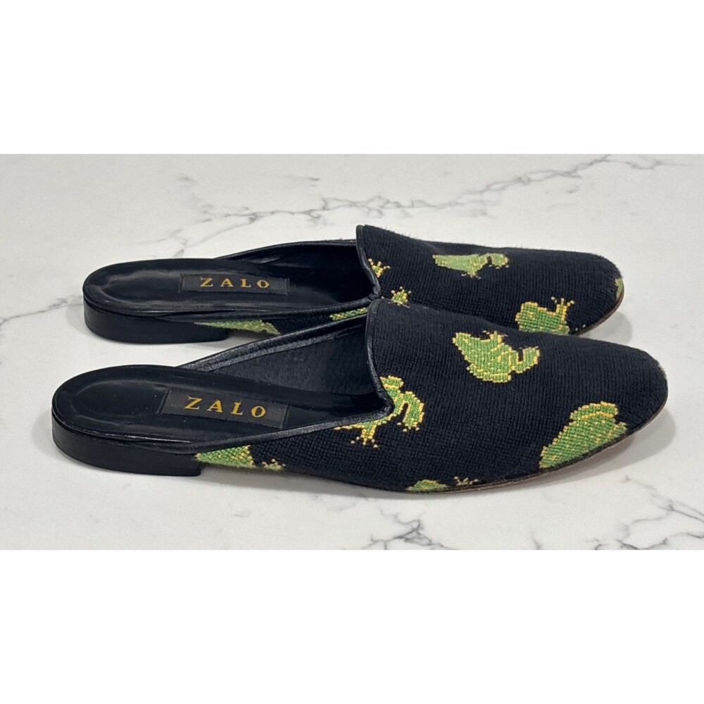 Zalo Black Needlepoint Slide Mules with Green Floral Motif